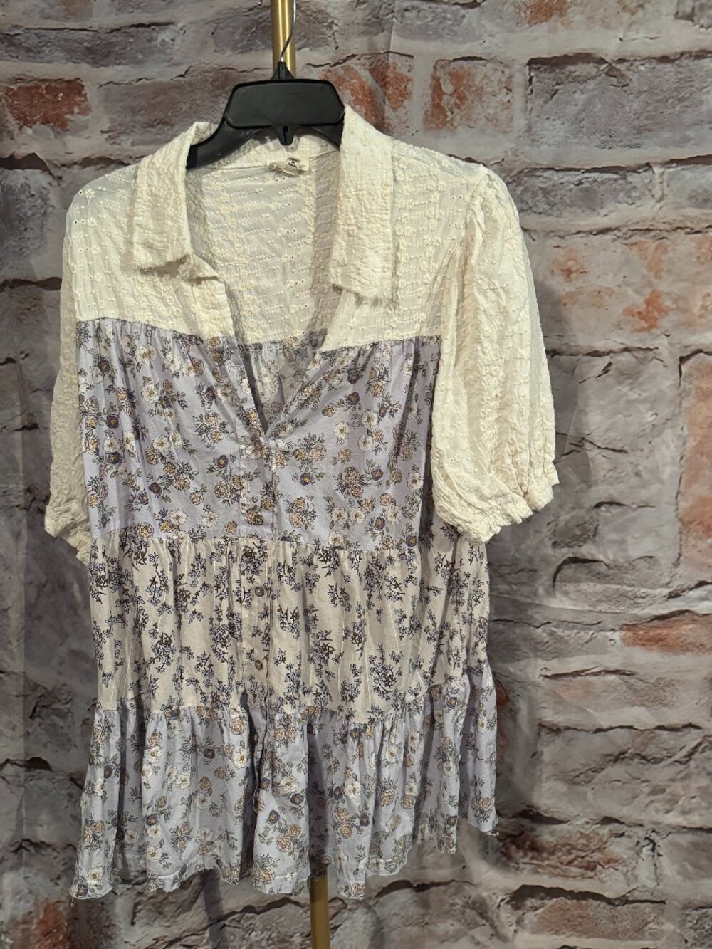 POL Clothing - Floral Embroidered Button Front Blouse - White, Light Blue - L